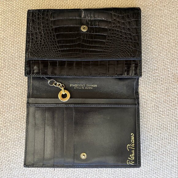 GENUINE CROCODILE Bi-Fold Women's Wallet Goldtone Paloma Picasso Couture ITALY - Picture 11 of 16